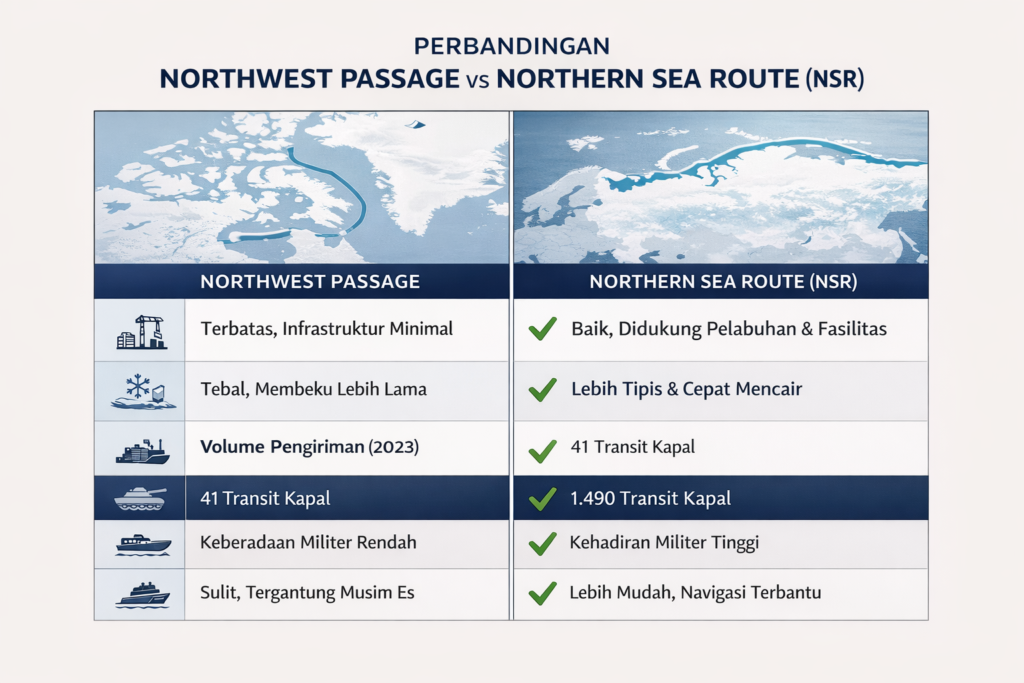 Tabel perbandingan Cara Russia China Rebut Northwest Passage 2026