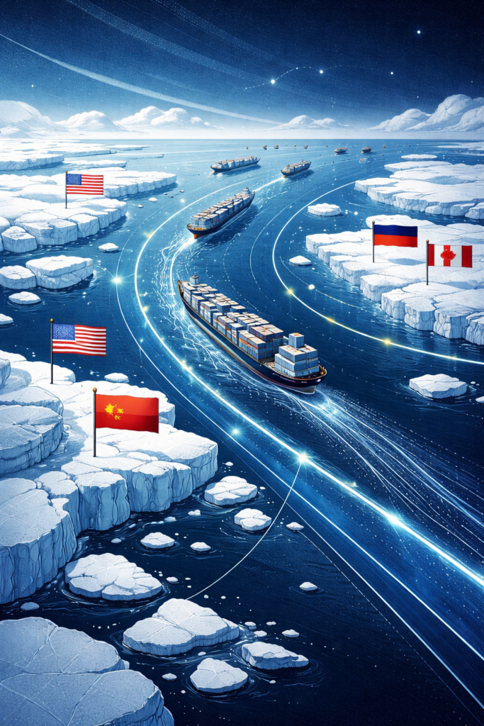 Konsep visual future implications or summary dalam Cara Russia China Rebut Northwest Passage 2026