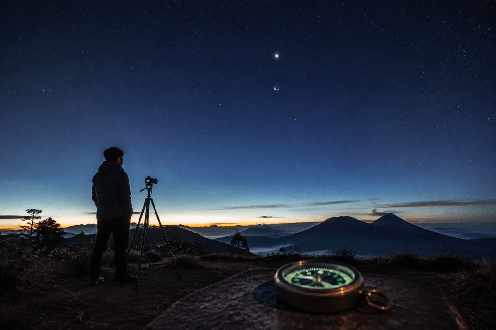 Pengamat bintang memantau posisi Bulan dan Mars di ufuk timur dari puncak bukit pada pukul 03.30 dini hari.