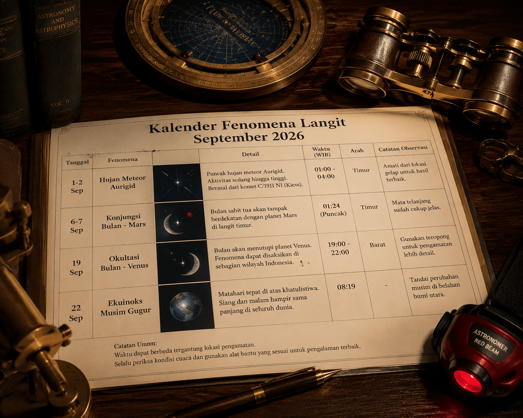 Kalender astronomi fenomena langit September 2026 dan planisfer bintang di meja observatorium.