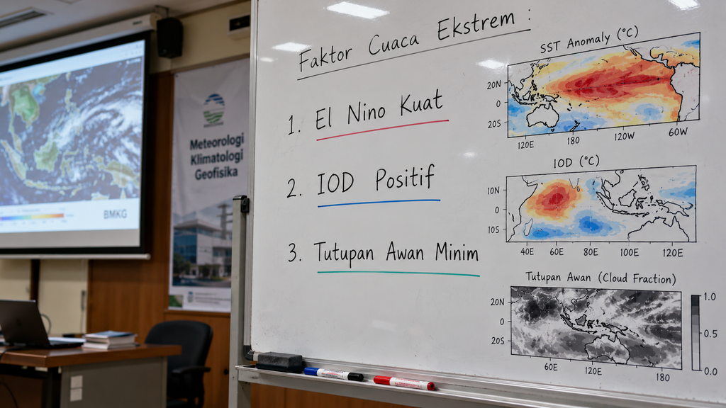 Papan tulis di ruang seminar BMKG yang merangkum tujuh faktor penyebab cuaca panas ekstrem, termasuk El Nino dan IOD.