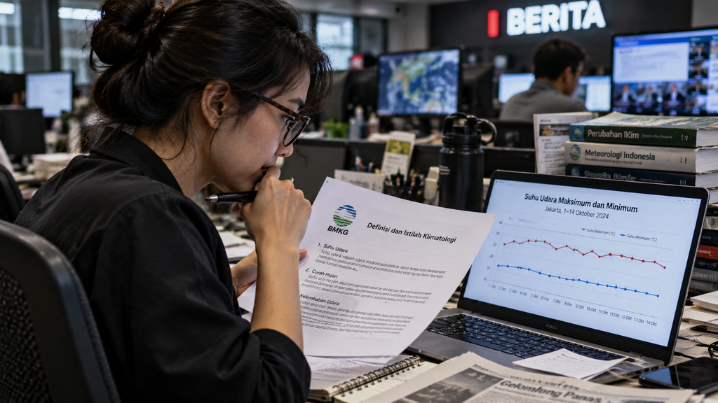 Seorang jurnalis sains meneliti grafik anomali suhu jangka panjang untuk membedakan antara cuaca panas biasa dan gelombang panas.