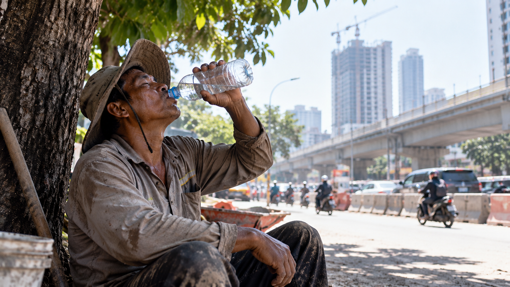 Pekerja lapangan yang mengenakan topi berteduh di bawah bayangan pohon sambil meminum air dari botol untuk mencegah dehidrasi.