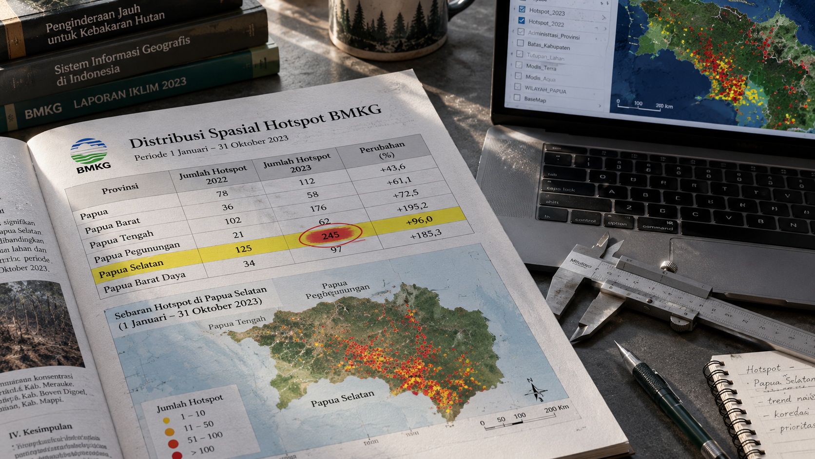 Lembar data audit statistik BMKG menunjukkan grafik pergeseran konsentrasi titik panas tertinggi ke wilayah Papua Selatan.