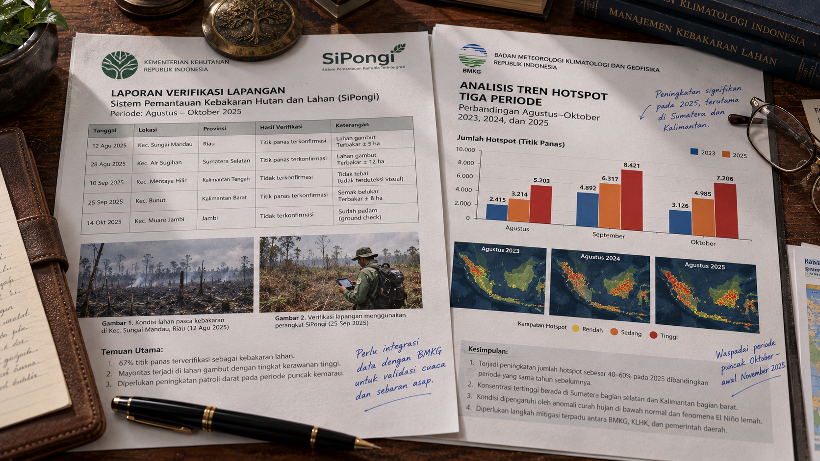 Komparasi berkas laporan data titik panas SiPongi Kementerian Kehutanan dan factsheet BMKG di ruang analisis iklim.