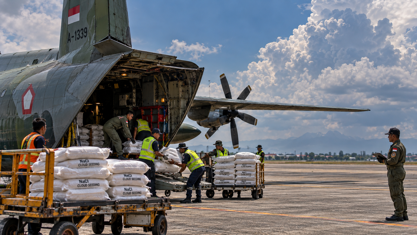 Pesawat operasi modifikasi cuaca OMC TNI AU bersiap di landasan pacu dengan muatan garam semai awan hujan.