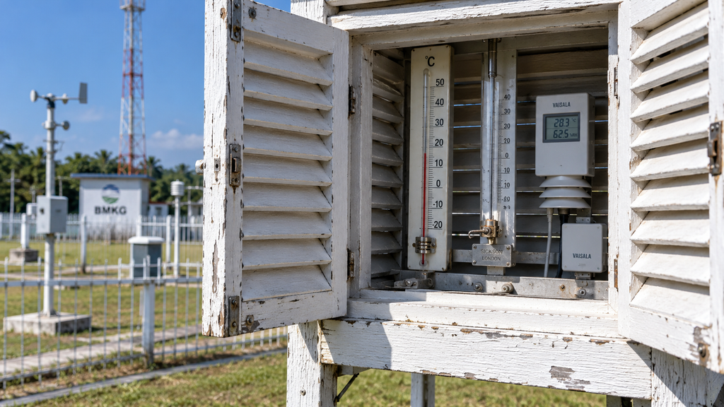 Peralatan termometer sangkar meteorologi di Stasiun Klimatologi BMKG yang mencatat suhu maksimum harian.