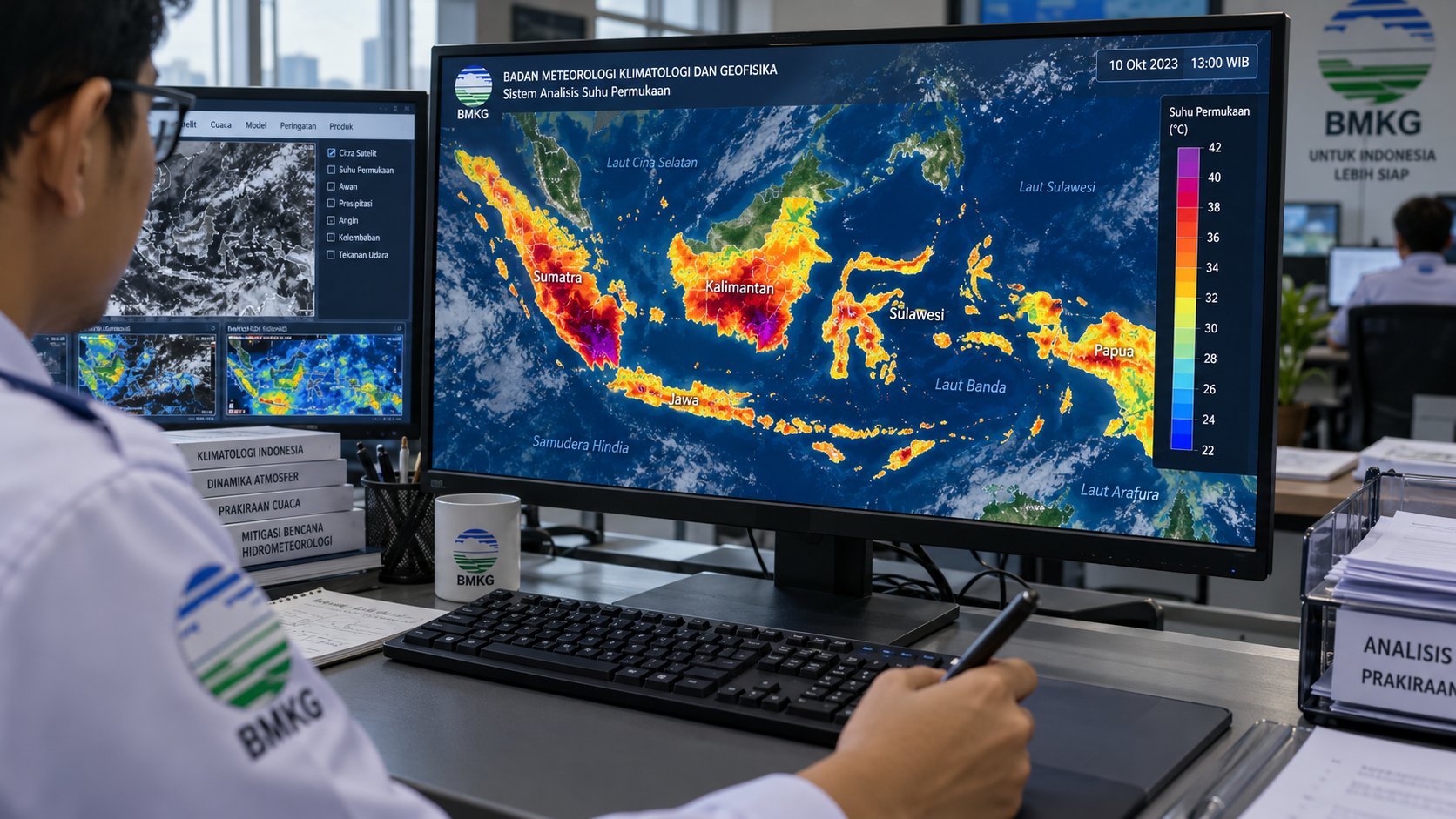 Petugas BMKG meneliti peta digital sebaran suhu muka bumi Indonesia untuk memvalidasi data suhu maksimum wilayah.